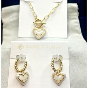 Kendra Scott Ari Heart Toggle Necklace 17" w Earrings Set Gold MOP New on Card